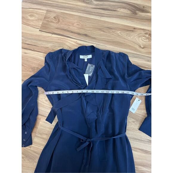 Joie NWT Roussel Ruched Ruffle-Trim Silk Navy Blue Midi Dress Sz S - Picture 4 of 9